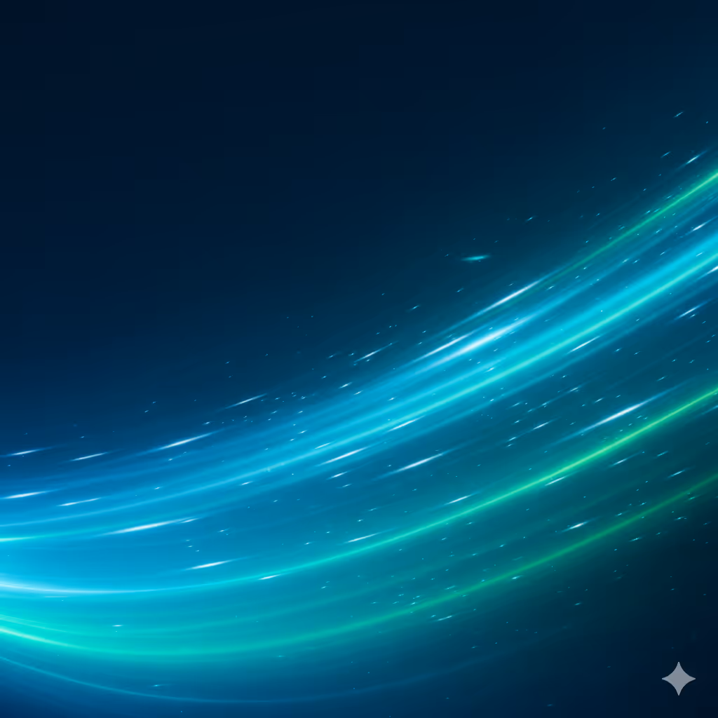 Curved streaks of glowing blue and green light on a dark blue background.