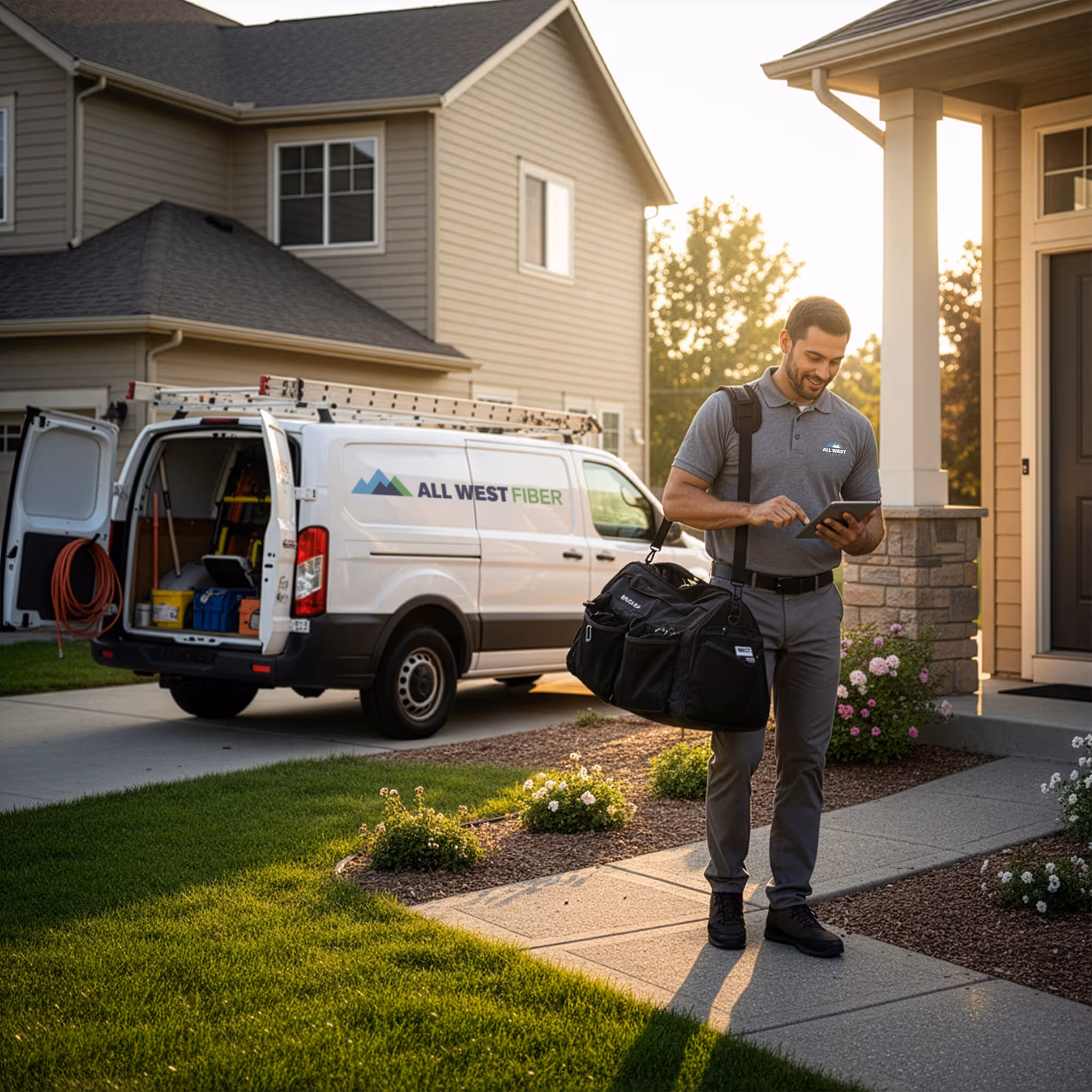 All West Fiber technician carrying a tool bag and using a tablet while walking on a residential sidewalk near a company van.