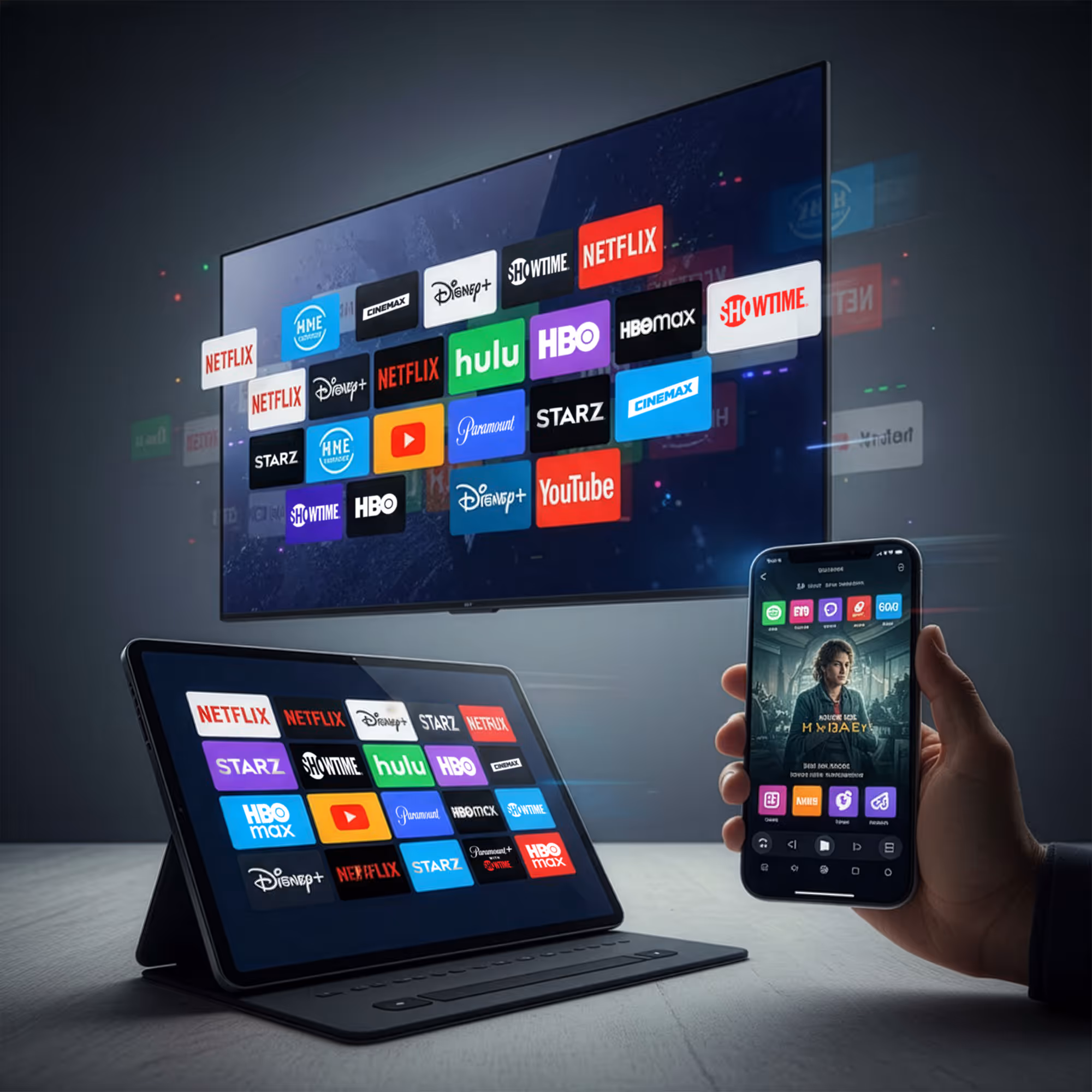 Television and tablet screen displaying streaming app logos including Netflix, Disney+, Hulu, HBO, Showtime, Starz, YouTube, and Paramount+, with a hand holding a smartphone showing a video streaming app interface.