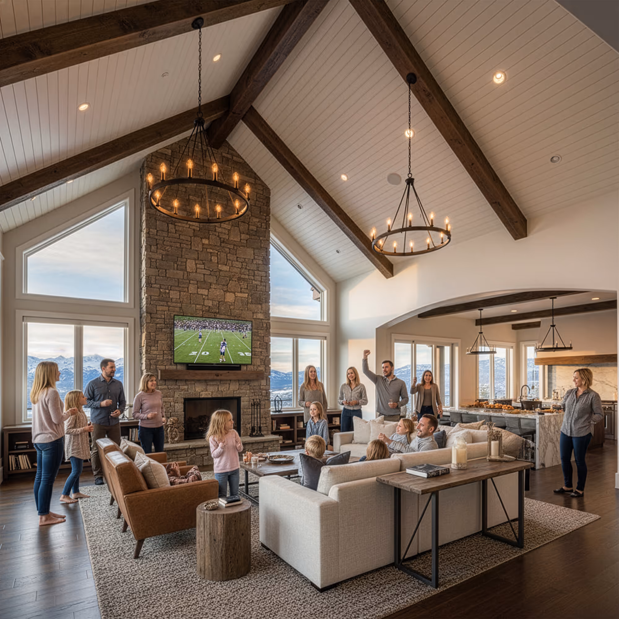 Family and friends gathered in a spacious living room watching a football game on TV above a stone fireplace.