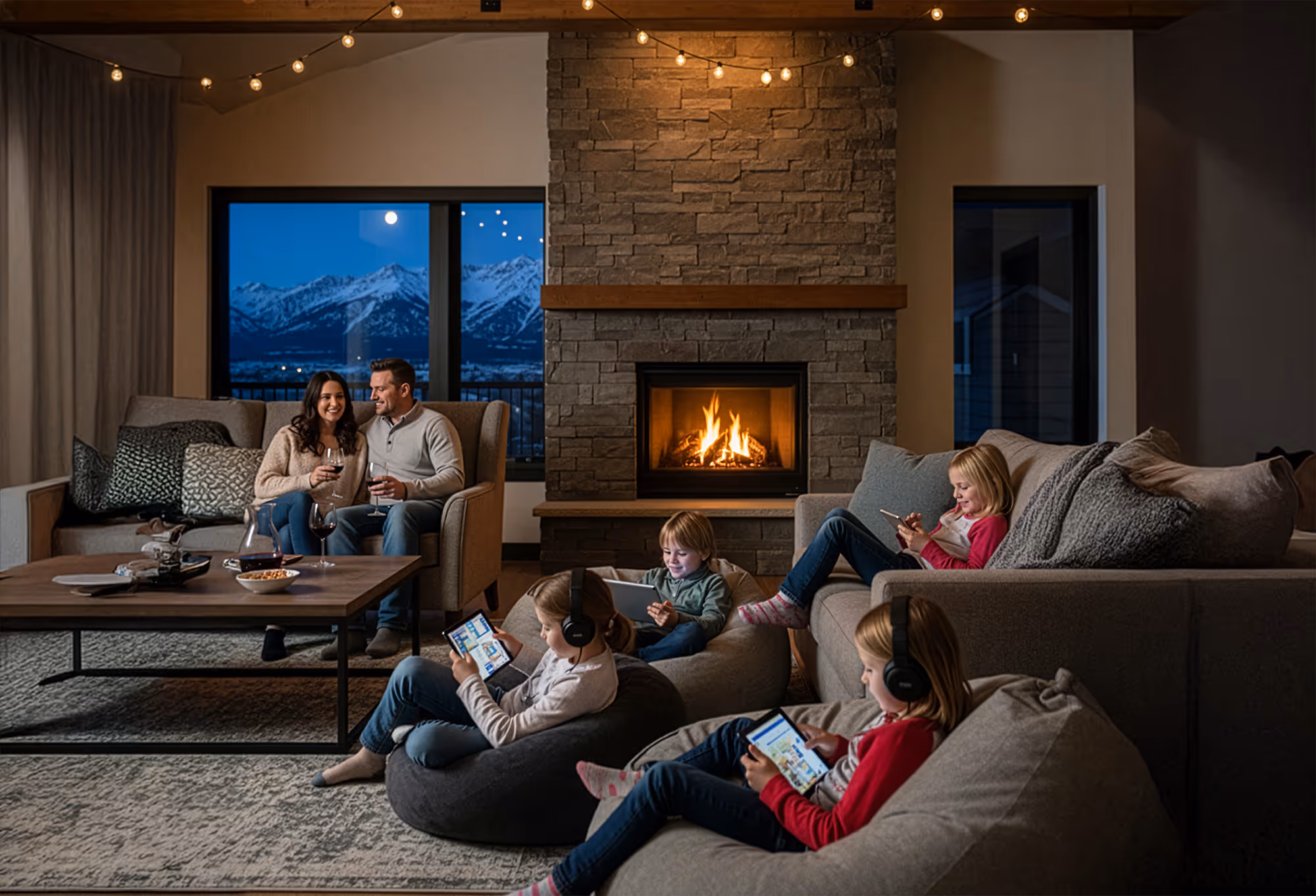 Cozy family living room with a couple enjoying wine on a couch and four children using tablets by a fireplace at night with mountain view through the window.