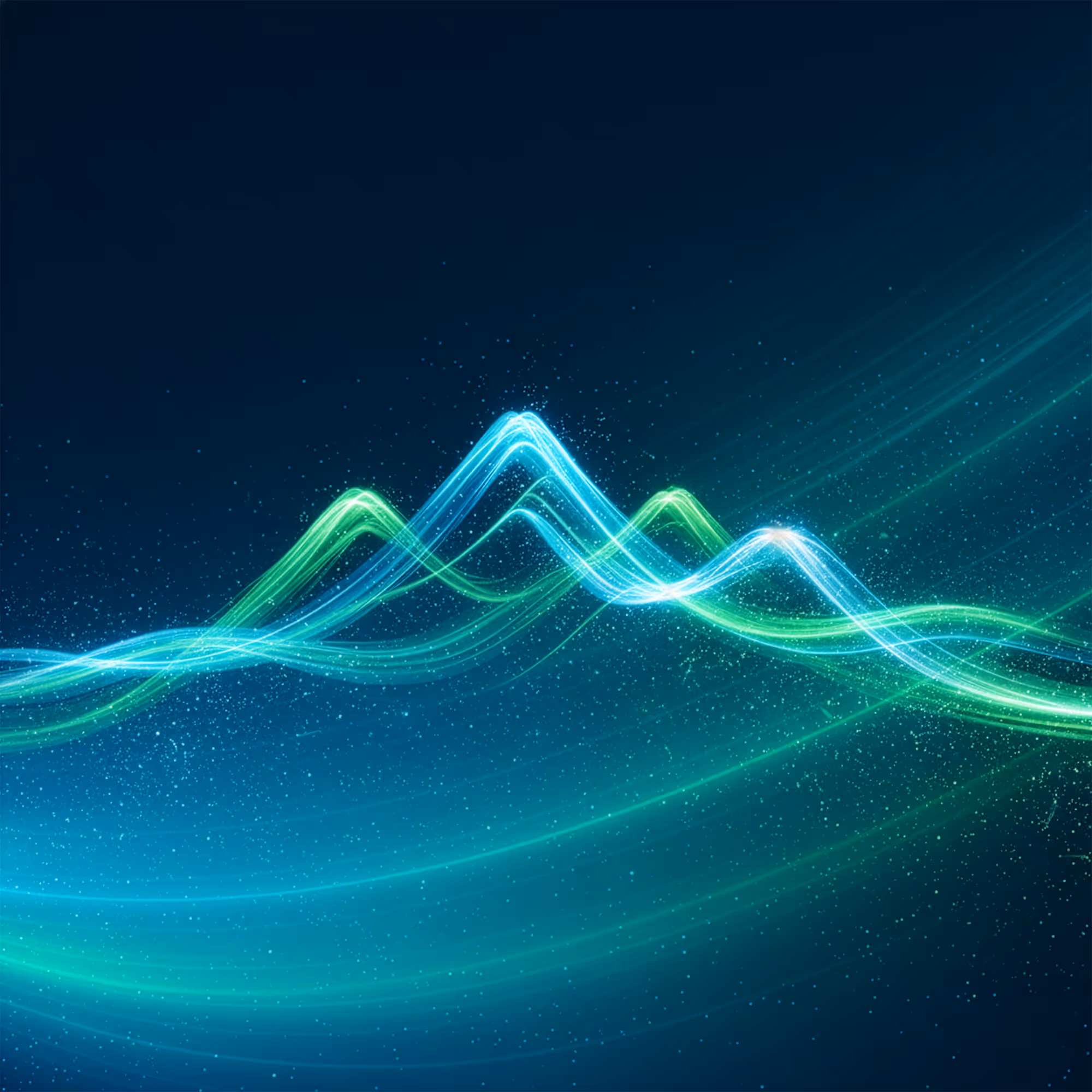 Abstract glowing blue and green wave lines forming mountain-like peaks on a dark background.