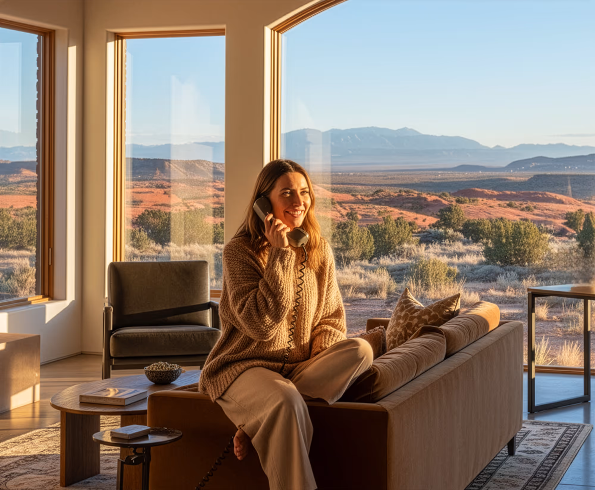 Woman sitting on a brown couch talking on a corded phone in a room with large windows overlooking a desert landscape with hills and shrubs.